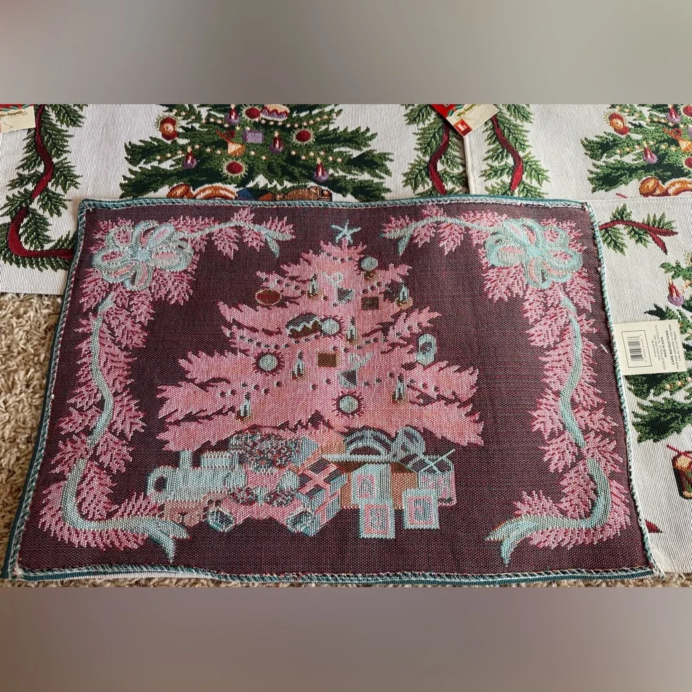 Vintage Holiday Tree Tapestry New Table Placemats with Red and Green Accents